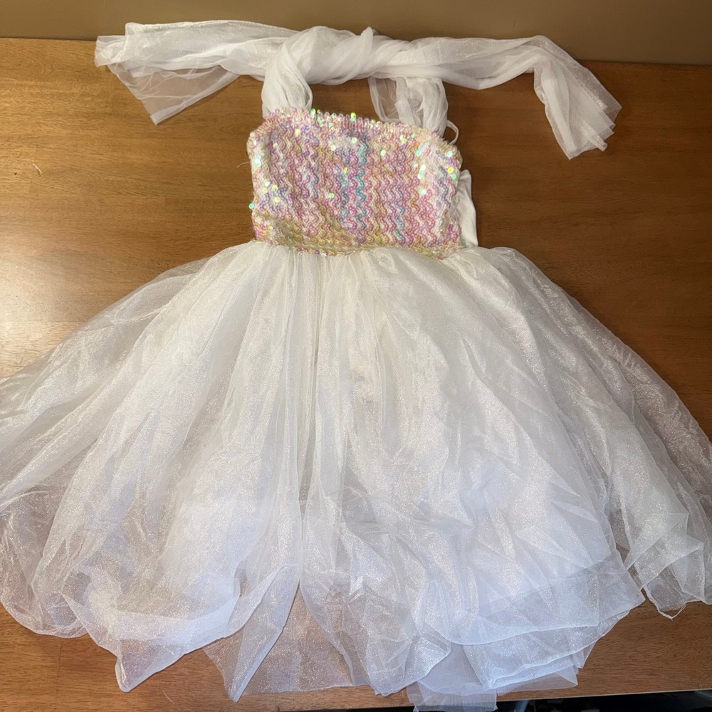 La Merle's White Tulle Sequin Dance Costume Dress Girls Size MC Pageant Recital